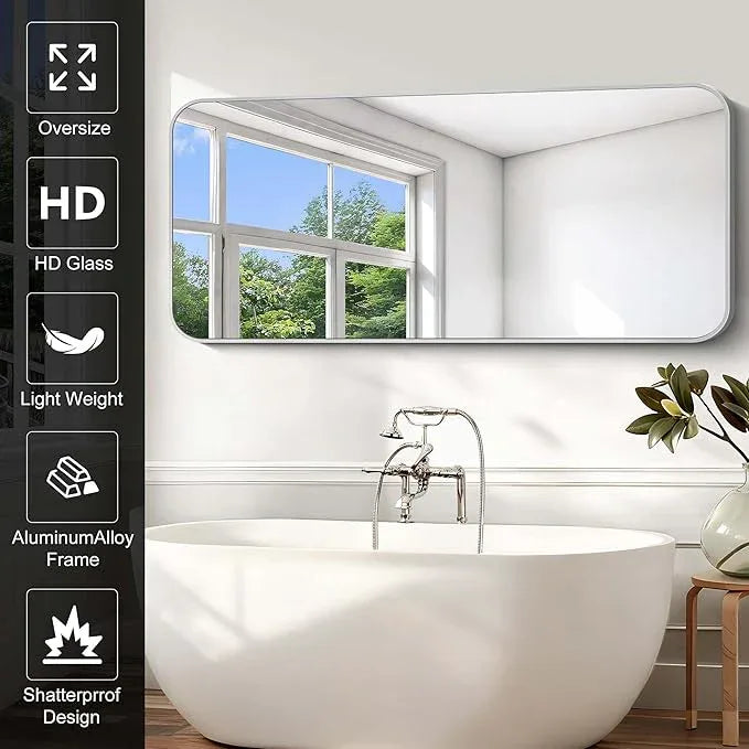 CIVENO Silver Bathroom Mirror, 72 x 30 Inch Large Rectangle Mirror, Rectangular Vanity Mirror Aluminum Metal Frame, Rounded Corner Wall Mirror for Living Room Bedroom Entryway Horizontal/Vertical - ModernBath