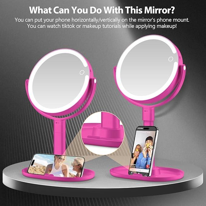 MIYADIVA Makeup Mirror with Lights, 30X Magnifying Mirror with Light and Touch Switch, Vanity Mirror with 3 Color Light and 80 LEDs, Height Adjustable Desk Mirror with Lights, Hot Pink - ModernBath