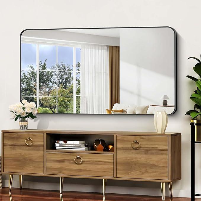 CIVENO Bathroom Mirror, 30"x55" Black Rectangle Wall Mirror, Metal Frame Rounded Corner Vanity Mirror, Large Wall Mounted Mirror for Modern Bedroom Living Room Horizontal Or Vertical Mounting - ModernBath