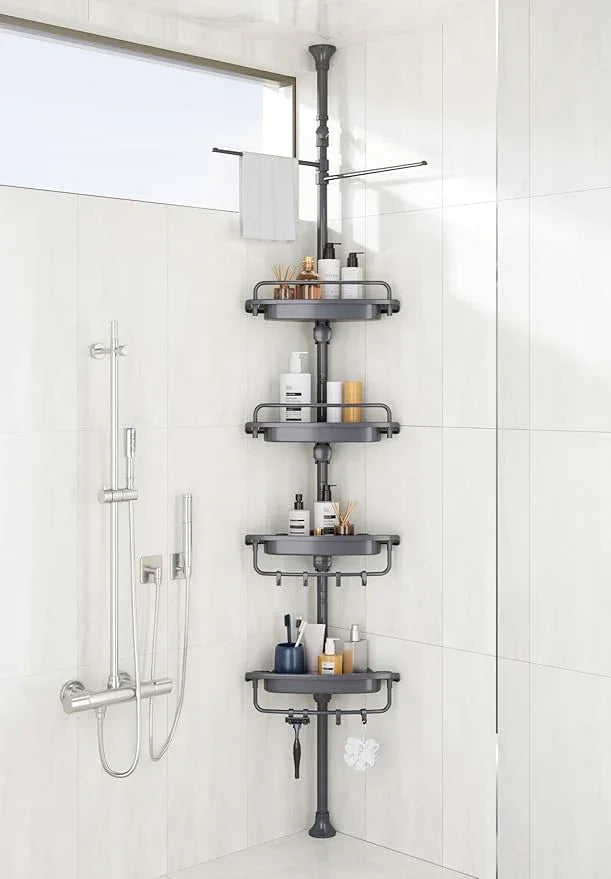 32-122inch Corner Shower Caddy Tension Pole Grey, Rustproof Drill-Free Shower Shelves for Bathroom Bathtub Washbasin, Adjustable Shower Organizer with 4 Tier Patent Stable Shelves & Towel Bars - ModernBath