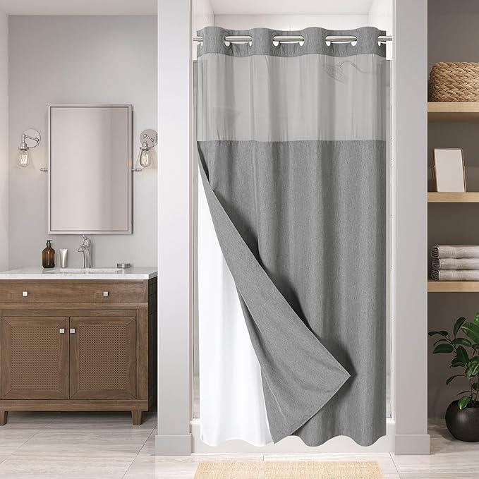 eachope Stall No Hooks Needed Linen Textured Shower Curtain with Snap-in Fabric Liner Set,Hotel Luxury Decor Farmhouse Shower Curtains for Bathroom,Waterproof & Washable,54Wx80H,Grey/Gray - ModernBath