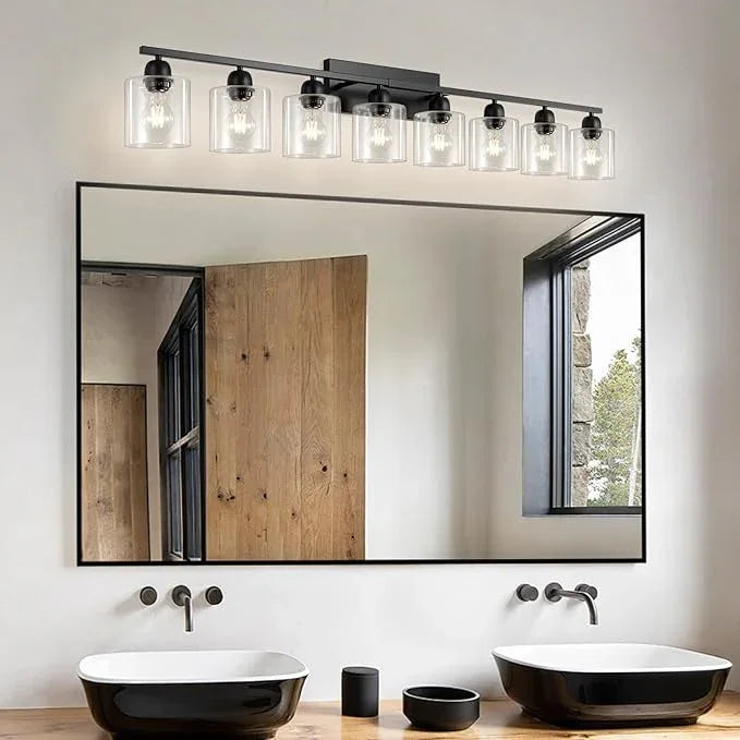 FAISHILAN Modern 8 Light Bathroom Light Fixtures, 52 inch Vanity Lights for Bathroom with Clear Glass, Black Bathroom Light Fixture for Mirror Kitchen Living Room Hallway Cabinet Porch - ModernBath