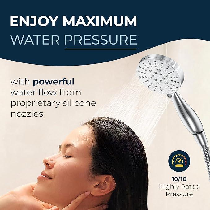 HammerHead Showers® Solid Metal 3-Spray Handheld Shower Head with Long Hose and Holder - CHROME - WIDE, MASSAGE, and MIST Sprays - 1.8 GPM Low Flow Handheld Showerhead - Water Saving Shower Head - ModernBath