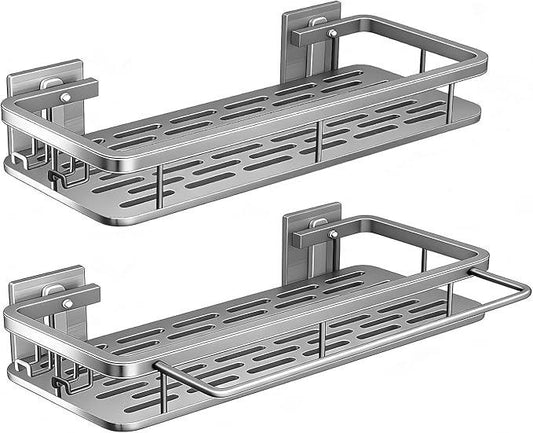 EVALAND Shower Caddy Adhesive 2-Pack with Hooks and Rod for Towels, Silver – Premium Bathroom Shower Shelves, Shampoo Organizer, Bathtub Shelf, Rustproof, Easy Installation, Sturdy Modern Look - ModernBath