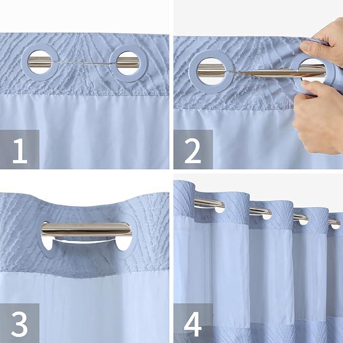 eachope stall no Hook Tufted Shower Curtain with snap in Liner Set, White Waterproof Fabric Inner Liner,Boho Style Shower Curtain with See Through top Window, FrostBlue, 36Wx74H - ModernBath