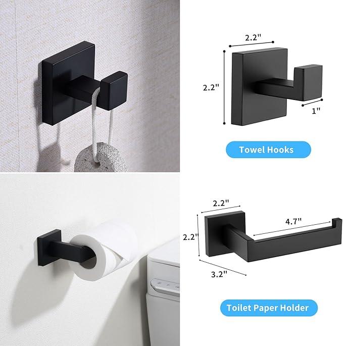 Bathroom Hardware Set Matte Black,16-inch Towel Rack 304 Stainless Steel 5-Piece Bathroom Accessories Kit Wall Mounted Include Towel Ring,Toilet Paper Holder,Robe Hook - ModernBath