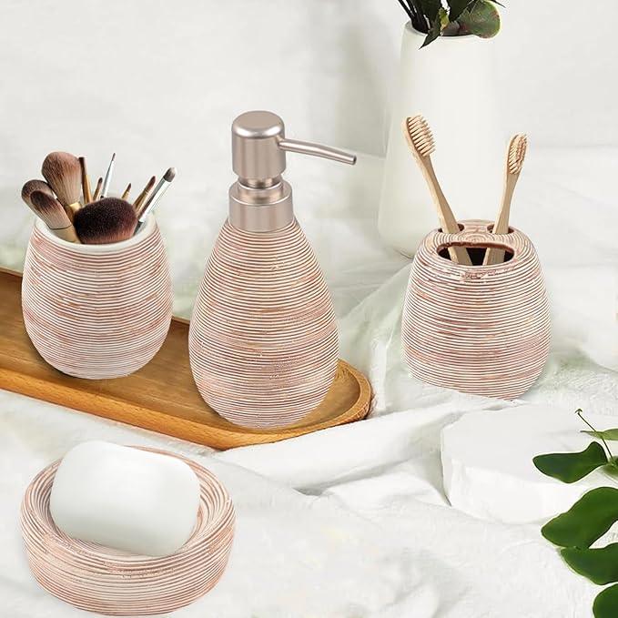 CERBIOR Bathroom Accessories Set,4 Pcs Ceramic Bathroom Decor Accessory,Includes Toothbrush Holder, Toothbrush Cup, Soap Dish for Decorative Countertop and Housewarming Gift(Brown 4pcs) - ModernBath