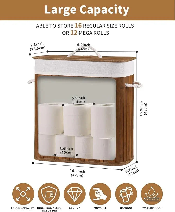 Bamboo Toilet Paper Storage with Lid & Handel, 8 Gallons (30L), Sturdy Toilet Paper Basket, Organizer for Bathroom, Kitchen, Holder with Storage, Walnut - ModernBath