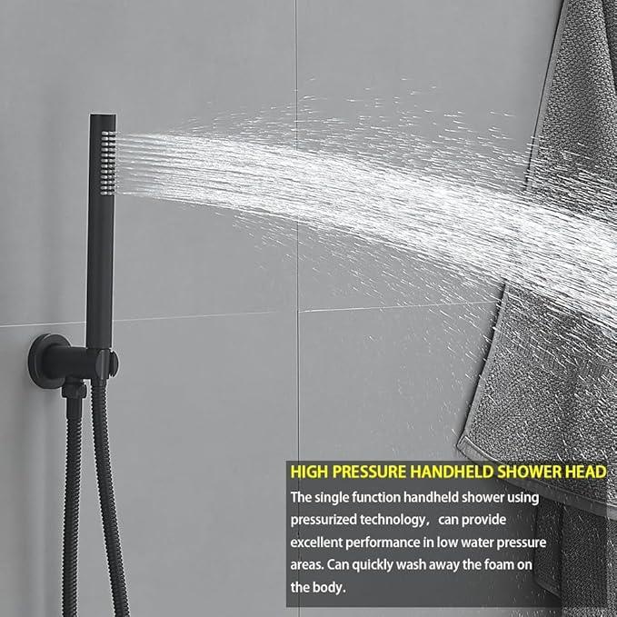 JingGang Matte Black Ceiling Mount Round Rain Shower System with 12 Inch Shower Head and Handheld Bathroom Shower Set Contain Shower Faucet Trim Kit (Mixer Valve Included) - ModernBath