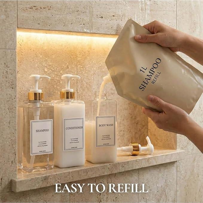 Modern Gold Design Shampoo and Conditioner Dispenser, Large 27oz Shower Soap Dispenser, Set of 3 Refillable Empty Plastic Pump Bottles for Bathroom, 6 Waterproof Labels Included, (Clear & White) - ModernBath