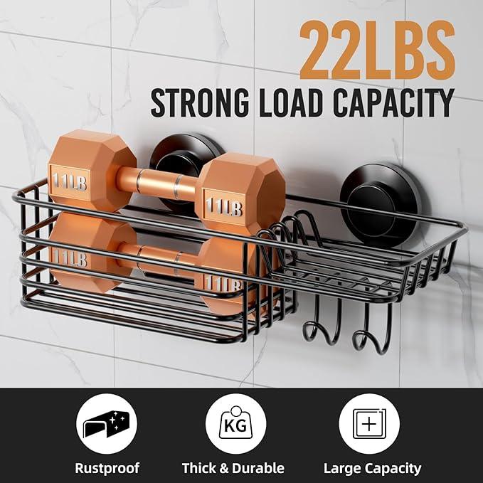 LEVERLOC Shower Caddy Suction Cup, Suction Caddy with Hooks and Soap Holder for Bathroom, No-Drilling Bathroom Shower Organizer, Black - ModernBath
