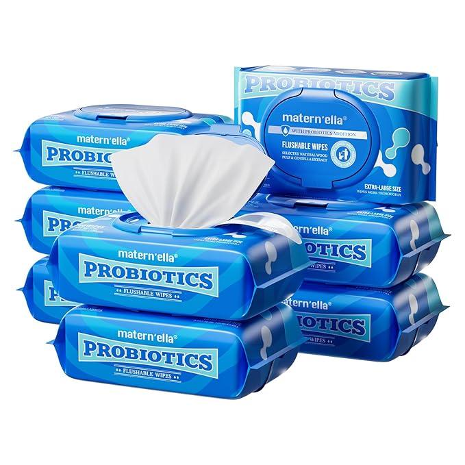matern'ella Flushable Wipes Extra Large Corner-Connected Wet Wipes Plant Based Fibers With Probiotics Fragrance Free Sewer Safe Butt Wipe Adult 8 Packs of 80 - ModernBath