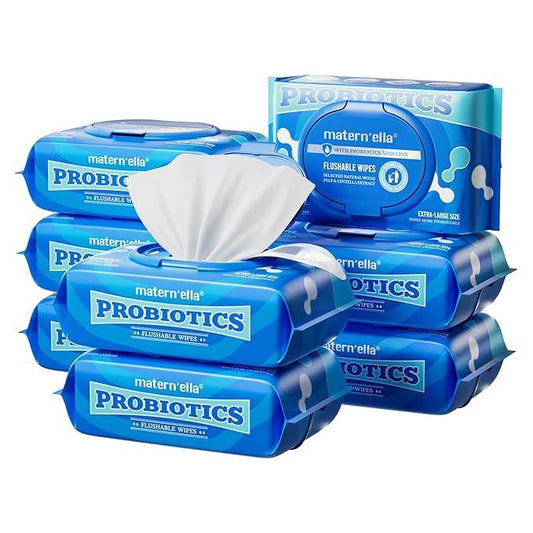 matern'ella Flushable Wipes Extra Large Corner-Connected Wet Wipes Plant Based Fibers With Probiotics Fragrance Free Sewer Safe Butt Wipe Adult 8 Packs of 80 - ModernBath