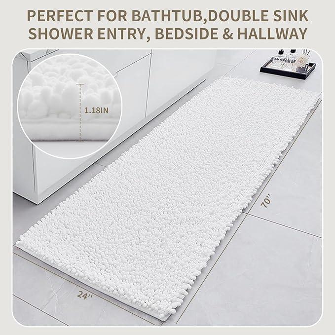 Ruggnovea Chenille Bathroom Rugs Non Slip Washable 70x24, Extra Thick Soft Absorbent Chenille Bath Mat, Non-Slip Barrier Backing, Quick Dry Machine Washable Bath Mats Tub, Shower,Floor/Sink,White - ModernBath