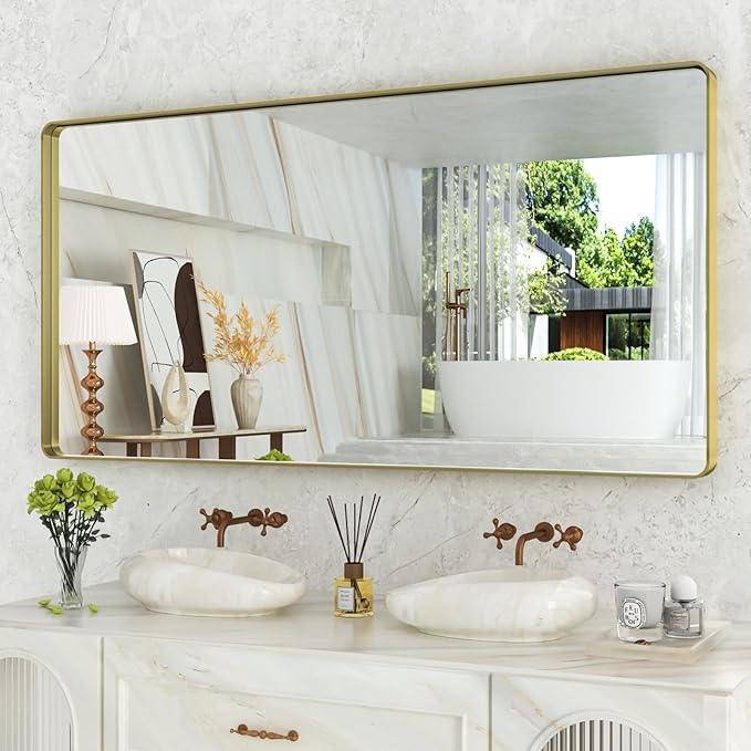 WEER Gold Bathroom Mirror, 72X36 Inch Brushed Gold Metal Frame Mirror, Rounded Rectangle Gold Bathroom Vanity Mirror for Wall, Tempered Glass, Anti-Rust, Hangs Horizontally or Vertically - ModernBath