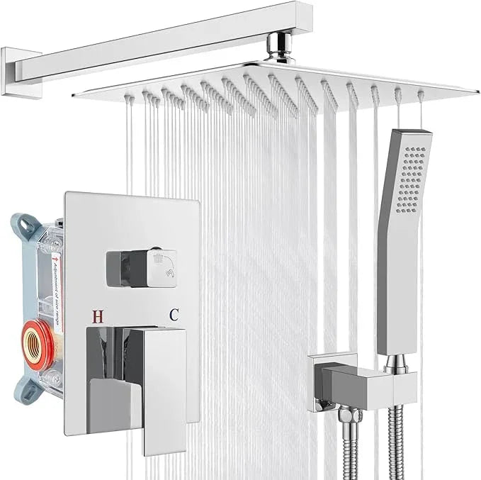 gotonovo Rainfall Bathroom Shower System Rain Shower Head and Handle Set Wall Mounted Shower Complete Combo Solid Brass Pressure Balancing Shower Mixer Valve 12 Inch Polished Chrome - ModernBath