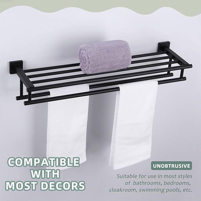Bath Towel Shelf with 2 Towel Holders, Angle Simple Stainless Steel Bathroom Towel Rack with Towel Bars, Wall Mount Train Rack Matte Black 27.56 Inches - ModernBath