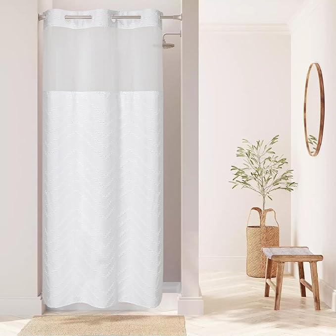 eachope No Hook Boho Farmhouse Shower Curtain with Snap-in Fabric Liner set-36Wx74H(72H),White Tufted Chevron Striped Hotel Grade Cloth Shower Curtains for Bathroom with Window,Water Repellent - ModernBath