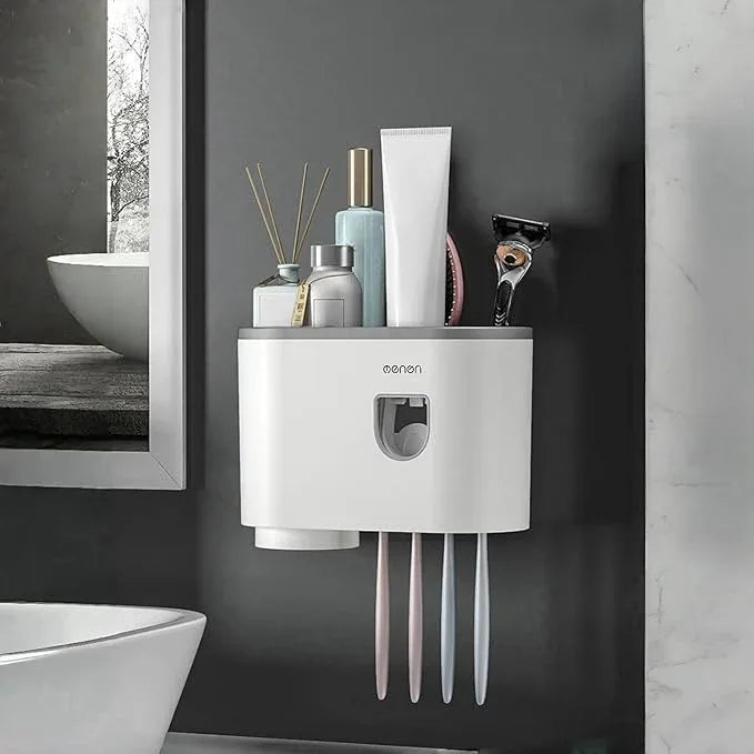 Celsitudo No-Drill Wall Mounted Toothbrush Holder, Bathroom Shelf, with Automatic Toothpaste Dispensers 4 Brush Hooks1 Magnetic Cups 1 Cosmetic Drawer Organizer and Large Storage (1 Dispenser 1 Cup) - ModernBath