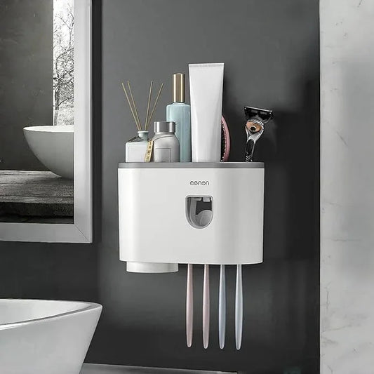 Celsitudo No-Drill Wall Mounted Toothbrush Holder, Bathroom Shelf, with Automatic Toothpaste Dispensers 4 Brush Hooks1 Magnetic Cups 1 Cosmetic Drawer Organizer and Large Storage (1 Dispenser 1 Cup) - ModernBath