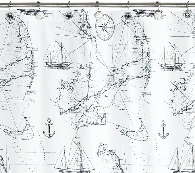 Nautical Anchor Shower Curtain Hooks, Rustproof Black White Ocean Sea Bathroom Curtain Hooks, 5 Roller Ring Balls Shower Hooks for Shower Curtain, Decorative Shower Curtain Hooks, Set of 12 - ModernBath