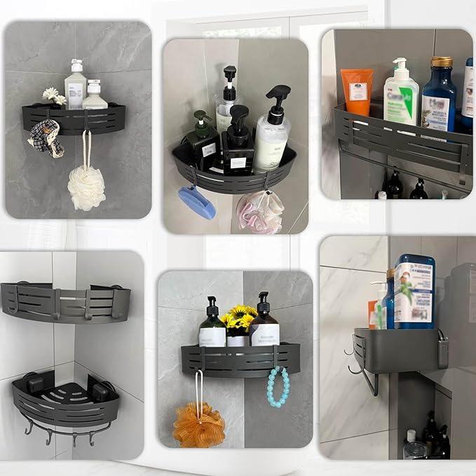 Onemake Shower Caddies Suction Cup, 2-Pack Removable Bathroom Shelf, Shower Organizer with Portable Hooks, Shower Caddy Corner Waterproof Holder with Towel Bar, Gray - ModernBath
