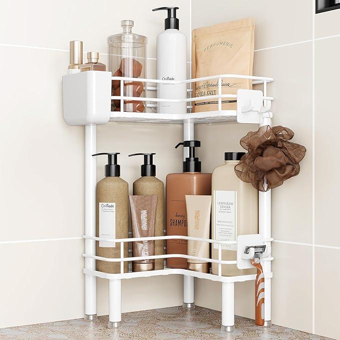 Orimade Rustproof 2 Tier Floor Standing Corner Shower Caddy Organizer with Toothbrush Holder, Large Spacing Floor Shower Shelf Rack Storage Stands with Hooks for Bathroom Kitchen, White - ModernBath
