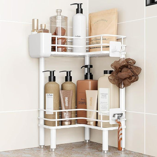 Orimade Rustproof 2 Tier Floor Standing Corner Shower Caddy Organizer with Toothbrush Holder, Large Spacing Floor Shower Shelf Rack Storage Stands with Hooks for Bathroom Kitchen, White - ModernBath