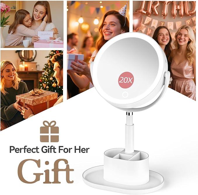 Shinowa Makeup Mirror with Lights, 1X/20X Lighted Magnifying Mirror with Storage for Makeup & Jewelry, 2-Sided Height Adjustable Vanity Mirror with 3 Color Lights, 360° Rotation & Rechargeable, White - ModernBath