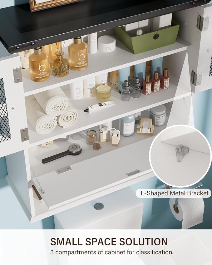 Wall Mounted Bathroom Cabinet with Double Doors, Flip-Down Storage and Open Shelf, Modern White Finish, Over-The-Toilet Space Saver Cabinet - ModernBath