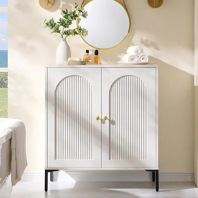 Bathroom Cabinet with Storage, 34" Tall Fluted Arched Free Standing Floor Cabinet w/Adjustable Shelves, Modern Sideboard Cabinet for Bathroom, Kitchen, Living Room, Entryway, White - ModernBath
