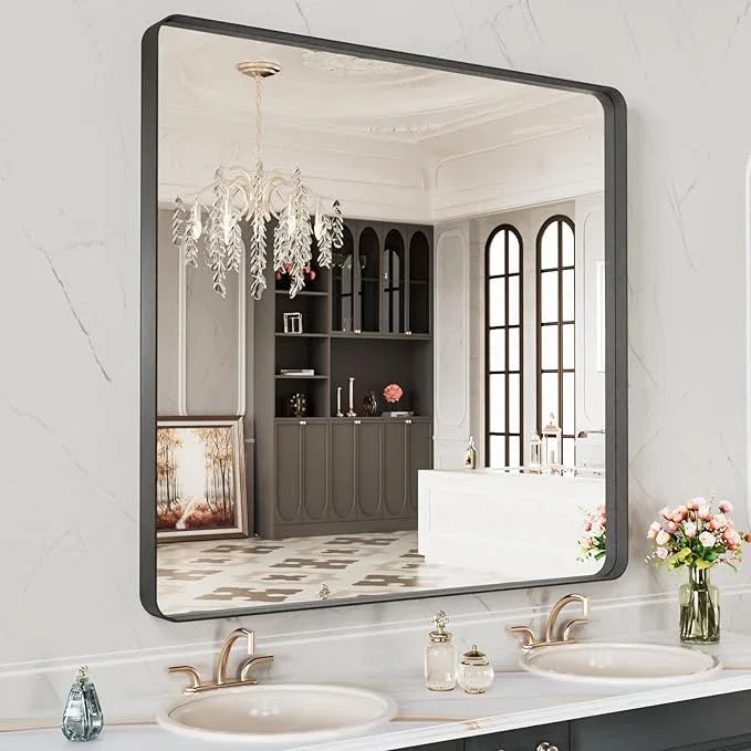 LOAAO 28X32 Inch Black Metal Framed Bathroom Mirror for Wall, Matte Black Bathroom Vanity Mirror Farmhouse, Anti-Rust, Hangs Horizontally or Vertically - ModernBath