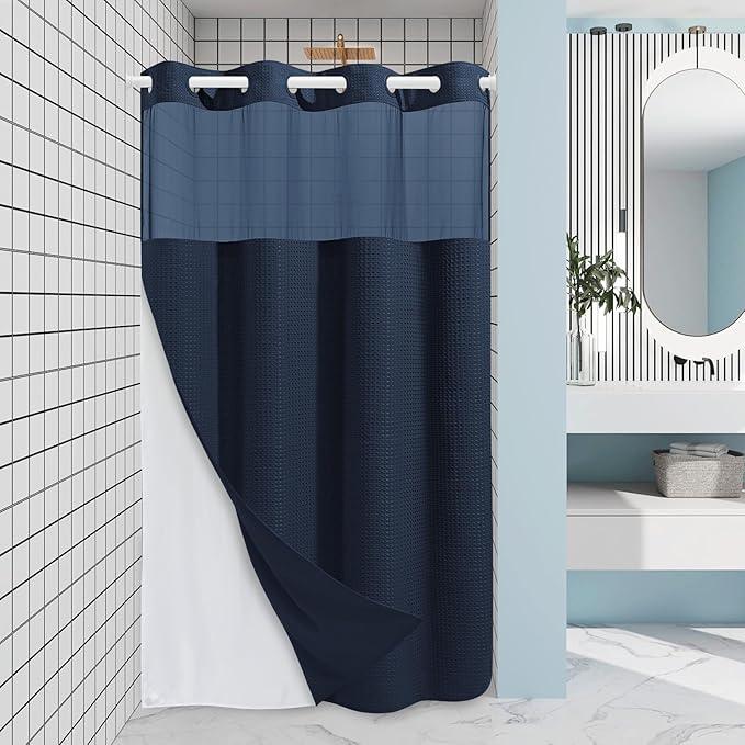 EUTXL Navy Blue Stall No Hook Shower Curtain with Snap in Liner,230GSM Waffle Weave Shower Curtains for Bathroom,54W x 80H - ModernBath