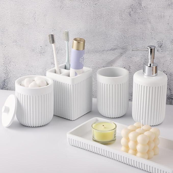 XLHOMO Resin White Bathroom Accessories Set 5 Pcs, Lotion Soap Dispenser, Toothbrush Holder, Bathroom Tumbler, Qtip Holder and Vanity Tray, Bathroom Countertop Organizer Set for Modern Home Apartment - ModernBath