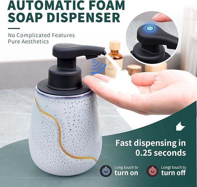 BosilunLife Automatic Foaming Soap Dispenser - Touchless Foam Hand Wash Dispenser for Bathroom Ceramic Smart Electric Auto Dish Soap Dispenser Waterproof, USB C Rechargeable, 17 oz, Speckled Blue - ModernBath