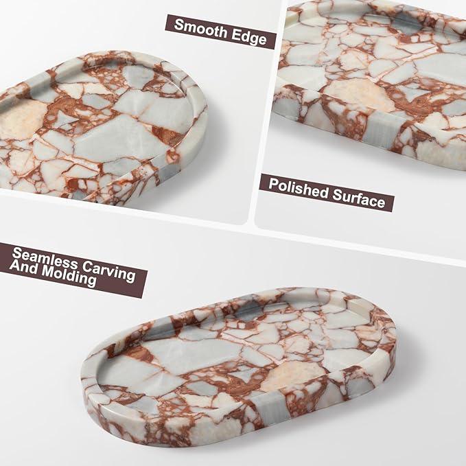 Red Marble Oval Tray 10x6 Inch - Vanity & Bathroom Organizer, Jewelry Dish, Coffee Table Decor - Natural Stone Desktop Catchall - ModernBath