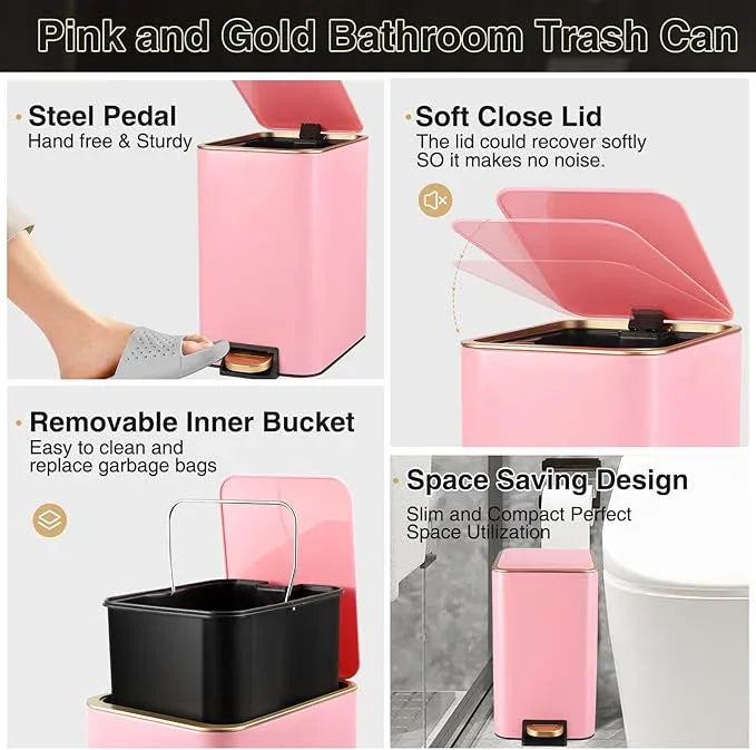 XLHOMO Pink Bathroom Accessories Set 8 Piece Pink and Gold Bathroom Set, Bathroom Sets with Stainless Steel Trash Can,Toilet Brush,Toothbrush Set,Soap Dispenser - ModernBath