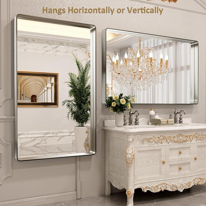 LOAAO 60X30 Inch Brushed Nickel Bathroom Mirror, Rounded Rectangle Silver Metal Frame Mirror, Brushed Nickel, Anti-Rust, Shatter Proof, Hangs Horizontally or Vertically - ModernBath