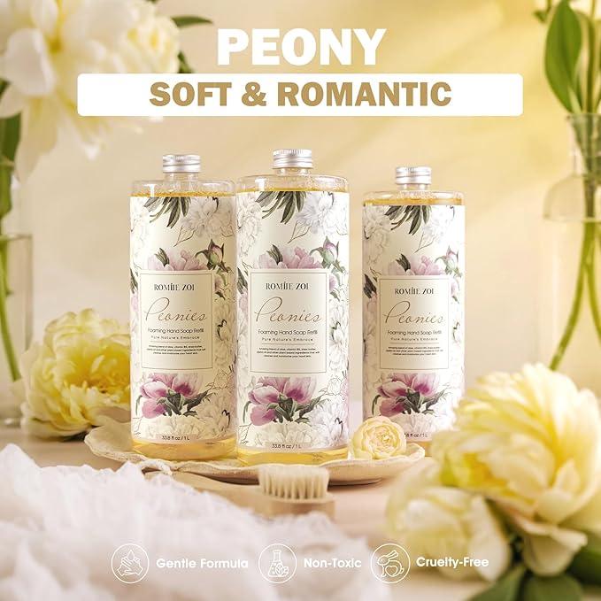 ROMIIE ZOI Foaming Hand Soap Refills 3-Pack (33.8 Fl Oz x 3) with Refilable Dispenser Peony Scented–Chemical-Free for Sensitive Skin, Bulk Refill Bottles for Bathroom & Kitchen Use - ModernBath