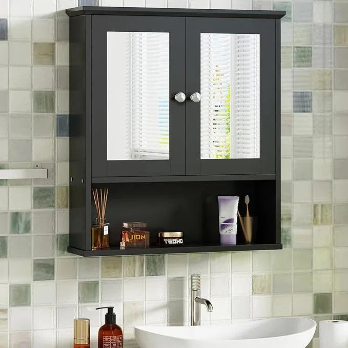 SUNLEI Medicine Cabinets with Open Shelves for Bathroom Organizer, Over The Toilet Storage Cabinet with Doors and Shelves, Bathroom Cabinet Wall Mounted with Mirror Door, Classic Black - ModernBath