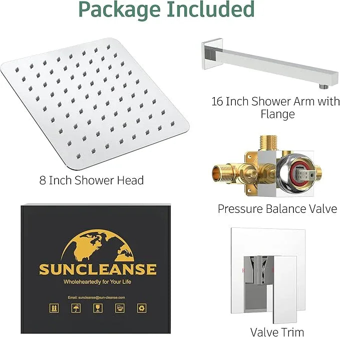 SunCleanse Shower Faucet Set with Valve, 8 Inch Square Shower Head and Handle Set, Single Handle Shower Trim Kit with Extra Long Shower Arm, Polished Chrome - ModernBath
