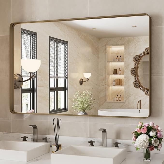 WEER 48x30 Inch Bronze Bathroom Mirror for Vanity, Brushed Bronze Metal Frame Mirror for Wall, Rounded Rectangle Bronze Frame Mirror with Tempered Glass, Anti-Rust (Horizontal/Vertical) - ModernBath