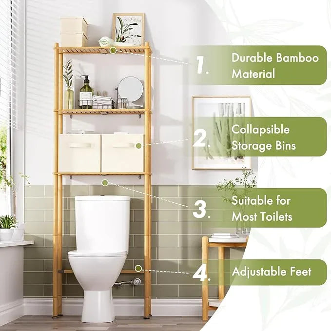AmazerBath Over The Toilet Storage Bamboo, 3-Tier Over Toilet Organizer Rack with 2 Fabric Storage Bins, Freestanding Toilet Shelf for Bathroom Laundry Space Saver, Natural Color - ModernBath