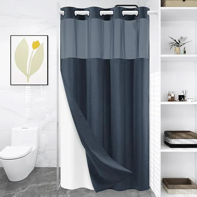 WONICY Small No Hook Shower Curtain with Snap in Liner, Polyester Textured Shower Curtain with Liner Set, Waterproof Washable Hotel Style Shower Curtains for Bathroom, 54Wx80H, Navy - ModernBath
