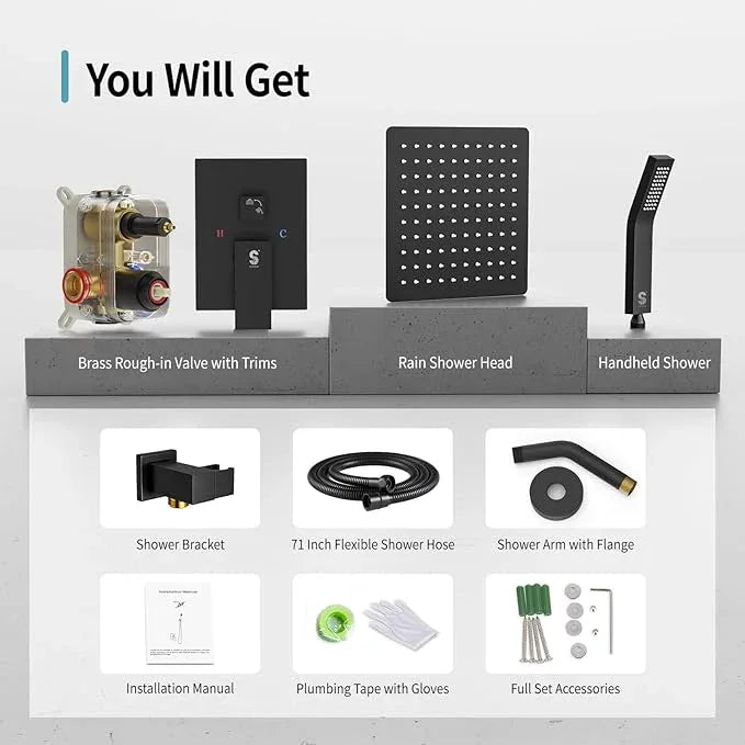 SR SUN RISE Shower Faucet - 8 Inch Shower System with Rain Shower Head and Handheld Spray - Shower Faucet Trim Repair Kits with Diverter Valve - All Metal Shower Set - Matte Black - ModernBath