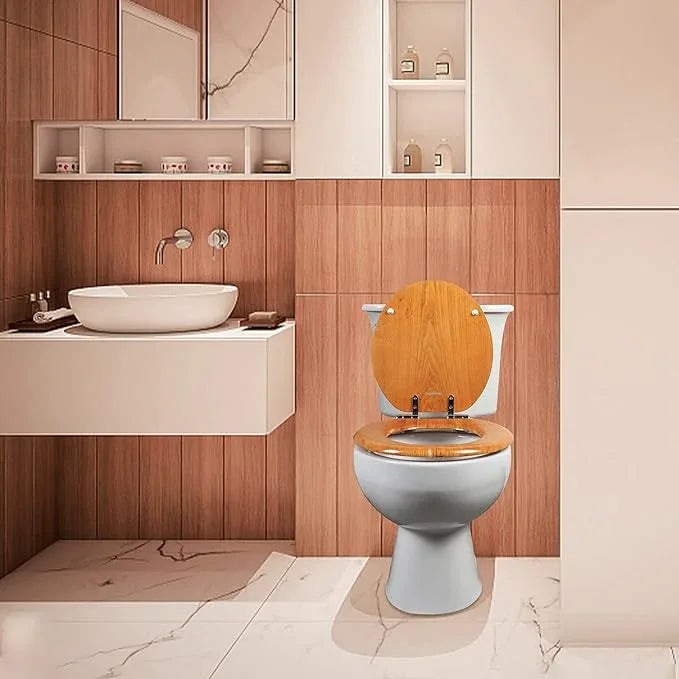 Angel Shield Durable Wood Veneer Natural Toilet Seat Metal Hinged Easy Clean Anti-scratch American Standard(Round,Wood Color) - ModernBath