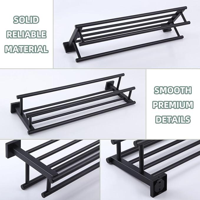 Bathroom Towel Shelf with Bar, Angle Simple Stainless Steel Bath Towel Rack, Double Towel Holder with Shelf, Wall Mount Train Rack Matte Black 23.62 Inches - ModernBath