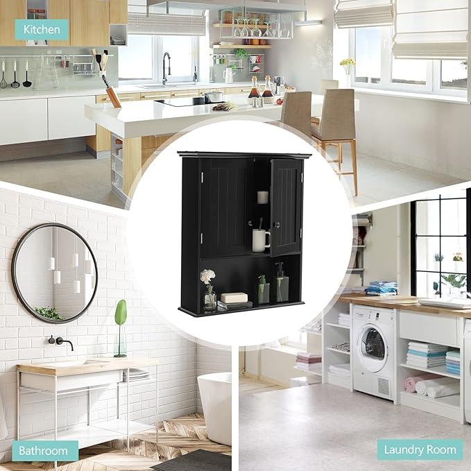 COSTWAY Wall Mounted Bathroom Cabinet, Over The Toilet Storage Cabinet w/Double Doors & Adjustable Shelf, Wood Hanging Medicine Cabinet for Living Room, Entryway, Kitchen (Black) - ModernBath