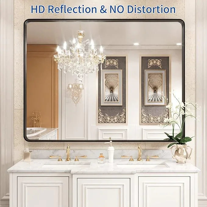 WEER Black Bathroom Mirror for Wall 40X30 Inch, Rectangular Black Metal Framed Vanity Mirror, Farmhouse Bathroom Mirror with Tempered Glass, Rounded Corner, Anti-Rust (Horizontal/Vertical) - ModernBath
