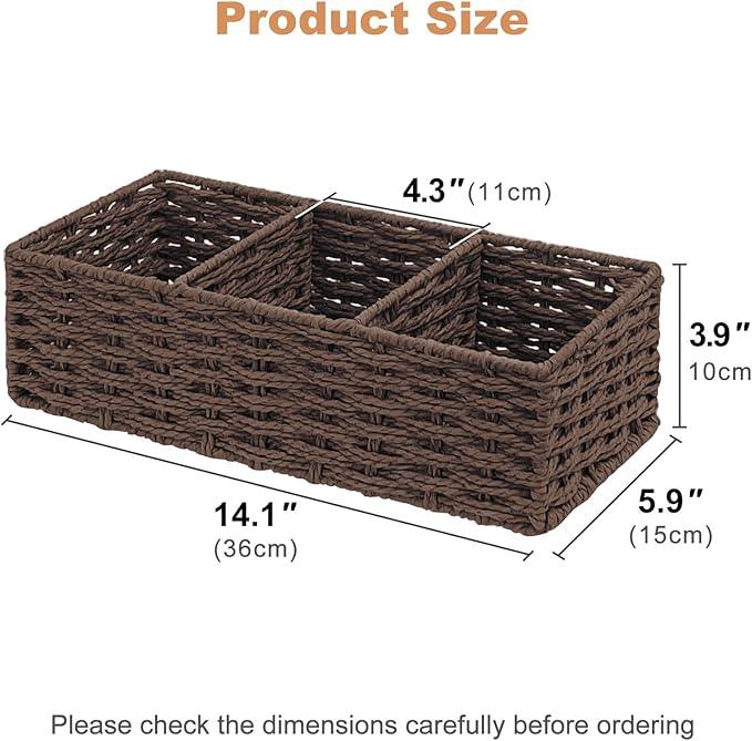 Seagrass Wicker Basket for Toilet Tank Top, 3-Compartment Handwoven Bathroom Organizer for Toilet Paper, Pads, and Accessories (2, Walnut) - ModernBath